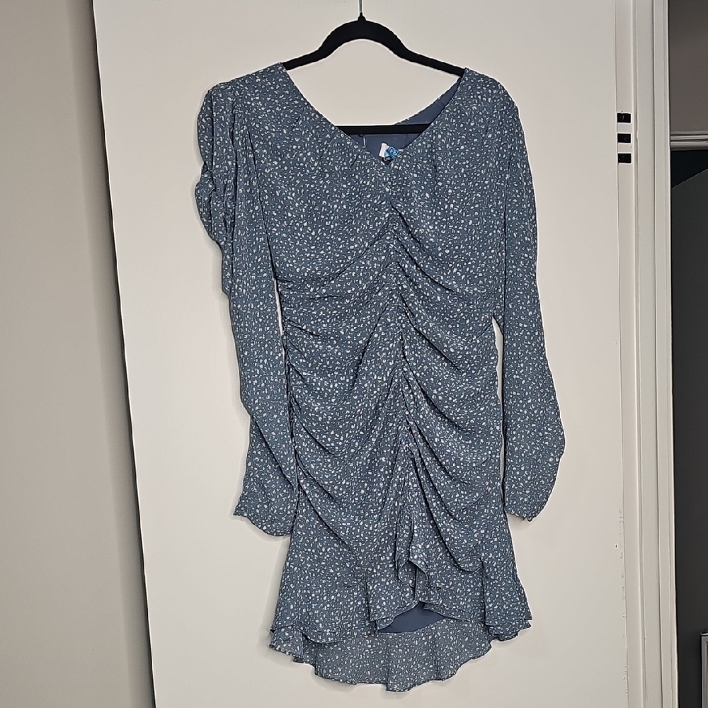 Astr Blue Ruched Long Sleeve Dress